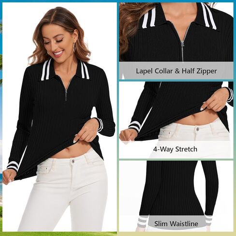 Soneven Women's Golf Sweater Pullover Long Sleeve Ribbed Knit Tops Zipper Collar Polo Sweater Fall Dressy Work Tops in Saudi Arabia