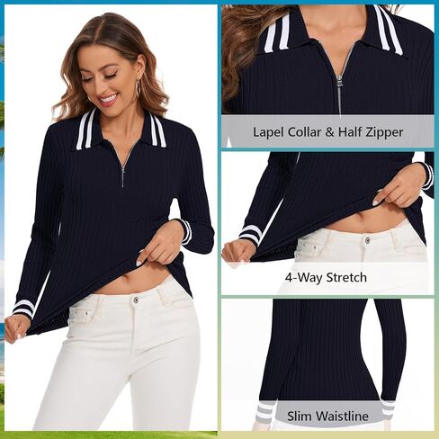 Soneven Women's Golf Sweater Pullover Long Sleeve Ribbed Knit Tops Zipper Collar Polo Sweater Fall Dressy Work Tops in Saudi Arabia