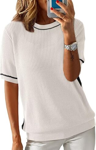 Dokotoo Women's Casual Short Sleeve Sweaters Loose Crewneck Crochet Hollow Out Knit Solid Pullover Sweater Jumper Tops in Saudi Arabia
