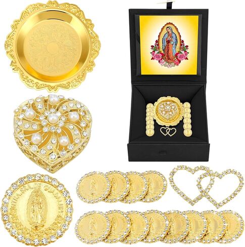 Wedding Arras Coins Set Arras Para Boda Catolica Decoracion Heart Shaped Box 13 Virgen of Guadalupe Coins Virgen De Guadalupe Gift Box Arras De Boda Cristiana Wedding Accessories (Silver) in Kuwait
