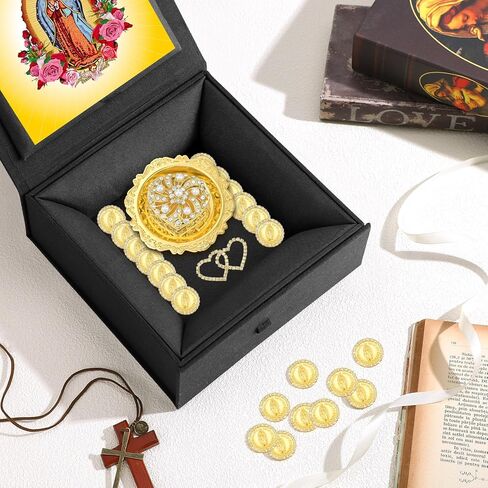 Wedding Arras Coins Set Arras Para Boda Catolica Decoracion Heart Shaped Box 13 Virgen of Guadalupe Coins Virgen De Guadalupe Gift Box Arras De Boda Cristiana Wedding Accessories (Silver) in Kuwait