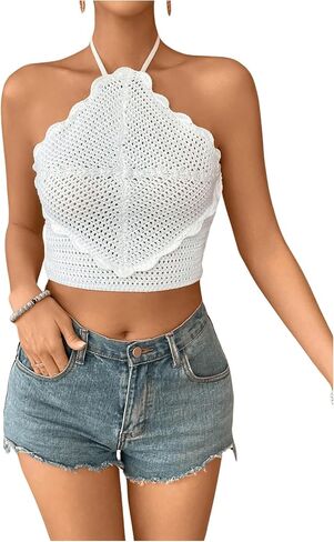SHENHE Women's Hollow Out Knitted Crochet Halter Top Backless Scalloped Boho Crop Top in Saudi Arabia