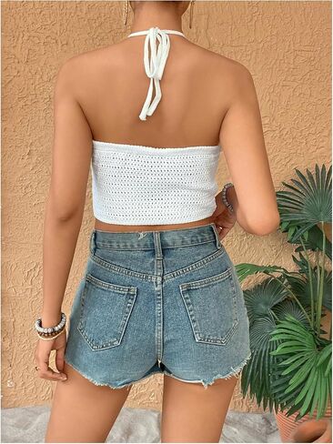 SHENHE Women's Hollow Out Knitted Crochet Halter Top Backless Scalloped Boho Crop Top in Saudi Arabia