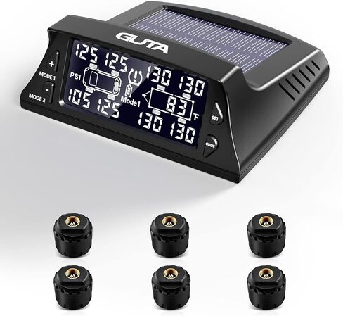 نظام مراقبة ضغط الإطارات بالطاقة الشمسية من GUTA RV - نظام مراقبة ضغط الإطارات مع 6 مستشعرات خارجية (0-188 رطل لكل بوصة مربعة)، RV TPMS، شاشة LCD، ضغط مراقبة في الوقت الحقيقي، وضع السكون in Kuwait