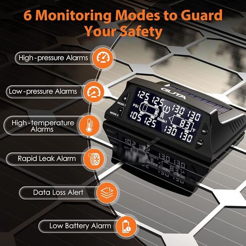 نظام مراقبة ضغط الإطارات بالطاقة الشمسية من GUTA RV - نظام مراقبة ضغط الإطارات مع 6 مستشعرات خارجية (0-188 رطل لكل بوصة مربعة)، RV TPMS، شاشة LCD، ضغط مراقبة في الوقت الحقيقي، وضع السكون in Kuwait