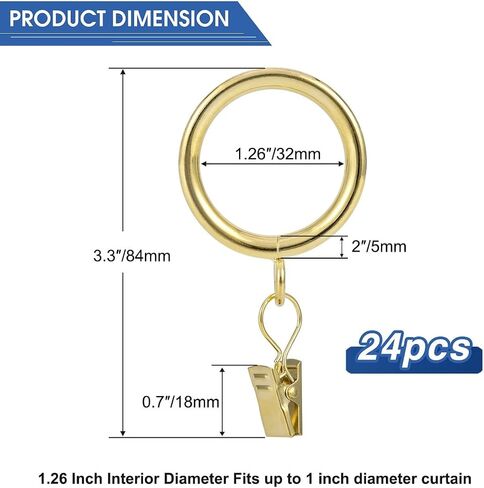 Curtain Rings with Clips - Set of 24, Interior Diameter 1.25inch,Fits Up to 1.0 Inch Rod (Gold-24pcs) in Saudi Arabia