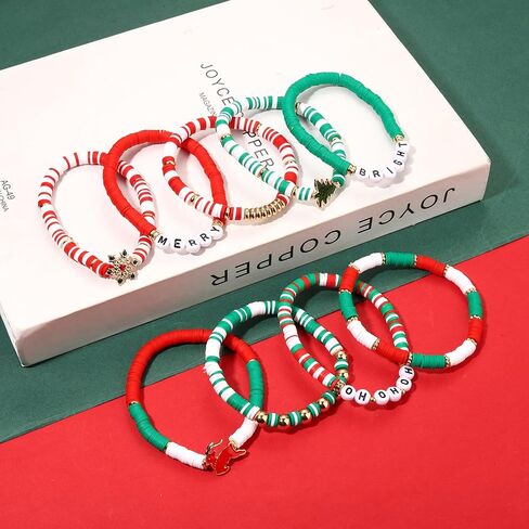 NVENF 9PCS Christmas Bracelets for Women Red Green Heishi Bracelet Stack Beaded Holiday Bracelets Preppy Friendship Bracelets Christmas Gifts Stuff Party Favors in Saudi Arabia