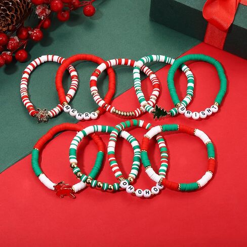 NVENF 9PCS Christmas Bracelets for Women Red Green Heishi Bracelet Stack Beaded Holiday Bracelets Preppy Friendship Bracelets Christmas Gifts Stuff Party Favors in Saudi Arabia
