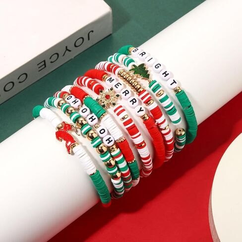 NVENF 9PCS Christmas Bracelets for Women Red Green Heishi Bracelet Stack Beaded Holiday Bracelets Preppy Friendship Bracelets Christmas Gifts Stuff Party Favors in Saudi Arabia