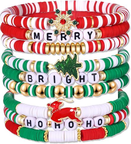 NVENF 9PCS Christmas Bracelets for Women Red Green Heishi Bracelet Stack Beaded Holiday Bracelets Preppy Friendship Bracelets Christmas Gifts Stuff Party Favors in Saudi Arabia