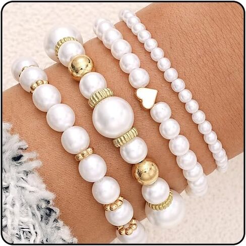 4Pcs Layered Elastic Pearl Bracelets Set for Women, Fashion White Freshwater Pearls Beaded Heart Bangles Bracelets Trendy Wedding Wrist Jewelry Gifts in Kuwait
