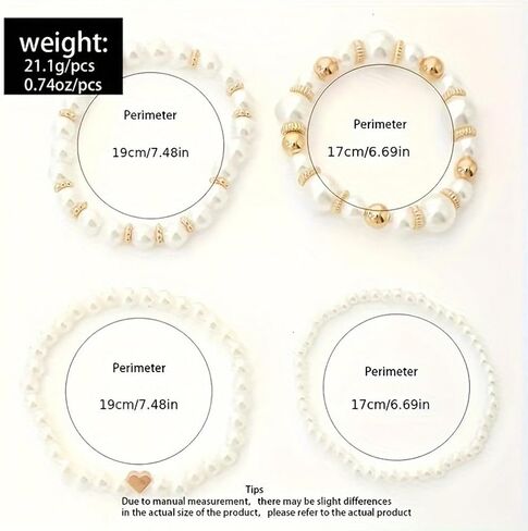 4Pcs Layered Elastic Pearl Bracelets Set for Women, Fashion White Freshwater Pearls Beaded Heart Bangles Bracelets Trendy Wedding Wrist Jewelry Gifts in Kuwait