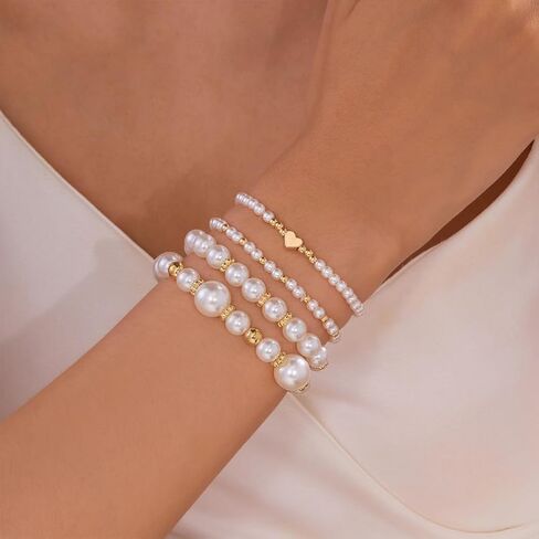 4Pcs Layered Elastic Pearl Bracelets Set for Women, Fashion White Freshwater Pearls Beaded Heart Bangles Bracelets Trendy Wedding Wrist Jewelry Gifts in Kuwait