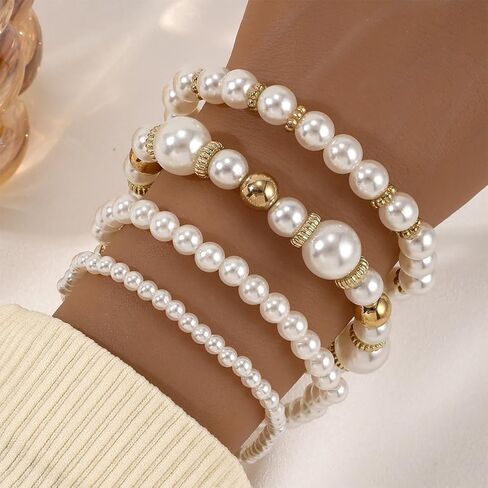 4Pcs Layered Elastic Pearl Bracelets Set for Women, Fashion White Freshwater Pearls Beaded Heart Bangles Bracelets Trendy Wedding Wrist Jewelry Gifts in Kuwait