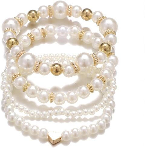4Pcs Layered Elastic Pearl Bracelets Set for Women, Fashion White Freshwater Pearls Beaded Heart Bangles Bracelets Trendy Wedding Wrist Jewelry Gifts in Kuwait