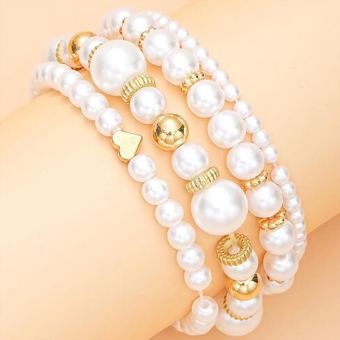4Pcs Layered Elastic Pearl Bracelets Set for Women, Fashion White Freshwater Pearls Beaded Heart Bangles Bracelets Trendy Wedding Wrist Jewelry Gifts in Kuwait