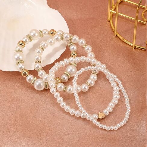 4Pcs Layered Elastic Pearl Bracelets Set for Women, Fashion White Freshwater Pearls Beaded Heart Bangles Bracelets Trendy Wedding Wrist Jewelry Gifts in Kuwait