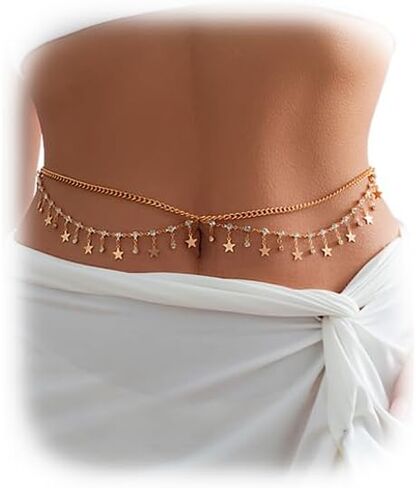 Sexy Star Pendant Rhinestone Waist Chain Bikini Metal Tassel Belly Chains Necklace Summer Beach Crystal Body Chain Multi-layered Star Waist Body Jewelry for Women in Kuwait