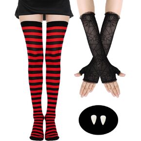 Halloween Vampire Costume,Red Black Striped Thigh High Socks,Spider Long Glove Fingerless Glove White Teeth Fangs for Halloween Cosplay
