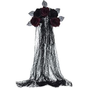 DDazzling Day of The Dead Floral Headband Dia De Los Muertos Costume Halloween Flower Headpiece,Black Burgundy Flower