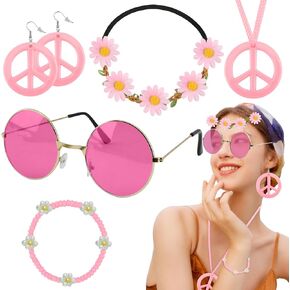 70s Accessories Women,6 Pcs Hippie Accessories for Women,70s Themed Clothes,60s Outfits for Women,Peace Sign Earrings,Peace Sign Necklace,Hippie Glasses,70s Outfits for Women,1970s Outfits For Women