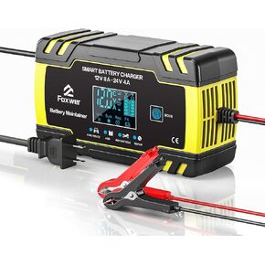 Battery Charger Automotive, 12V8A 24V4A Battery Charger,Battery Maintainer,AGM Intellicharger,Battery Trickle Charger, and Battery Desulfator with Temperature Compensation, Yellow, 12V8A-Y
