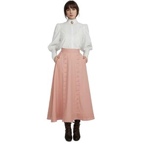 Renaissance Skirt Women High Waist Maxi Skirts for Women Medieval Retro Court Skirt Pink Button Ruffles