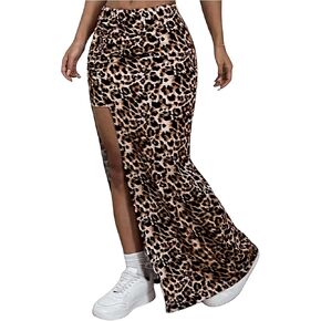 MakeMeChic Women's Leopard Print Split Thigh Bodycon Skinny Fit Maxi Skirt Long Skirts