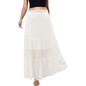 LÄTT Women High Waist Boho Floral Ruffle Drawstring Tiered Maxi Skirt with Pocket