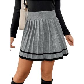 MakeMeChic Women's A Line Short Skirt Contrast Binding Elastic Waist Pleated Mini Skirts