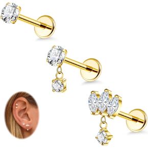 3Pcs 16G G23 Titanium Threadless Cartilage Earring for Women Dangle Push in Stud Earrings CZ Lobe Helix Tragus Conch Piercing Jewelry 6/8/10mm
