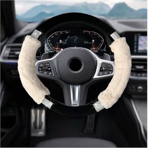 Rhinestone Fluffy Car Steering Wheel Cover, Comfortable Non-Slip Faux Wool Wheel Cover, Bling Soft Steering Wheel Protector for 14.5" to 15", Car Accessories for Women Girls (Gray)
