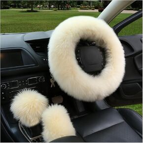 3PCS Pure Wool Steering Wheel Cover, 15 Inches Furry Steering Wheel Protector with Handbrake & Gear Shift Cover, Universal Soft Fluffy Steering Wheel Car Accessories (Red)