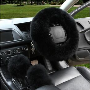 3PCS Pure Wool Steering Wheel Cover, 15 Inches Furry Steering Wheel Protector with Handbrake & Gear Shift Cover, Universal Soft Fluffy Steering Wheel Car Accessories (Red) in Kuwait