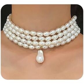 Wiwpar Oval Imitation Pearl Choker Necklace Vintage Multi Strands Pearl Pendant Necklace 20s Flapper Necklace for Women