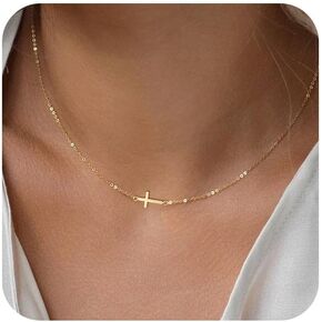 Cross Necklace for Women 18K Gold Plated Dainty Small Cross Choker Necklace Simple Trendy Sideways Cross Charm Necklaces Faith Jewelry Religious Minimalist Gift for Her