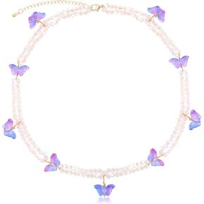 Purple Butterfly Beaded Choker Necklace for Women Cute Butterfly Charm Layered Faceted Glass Beads Necklace Butterfly Pendant Adjustable Y2K Statement Necklace Costume Party Jewelry Gift for Women