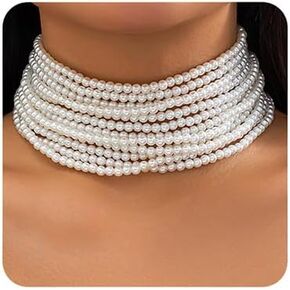 Sither Layerd Pearls Choker Necklace for Women Boho Pearls Chain Necklace Fashion Jewelry for Halloween Party Christmas Gift (12 layers)