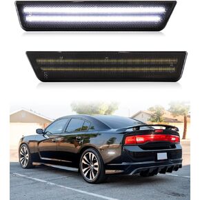 Dynamic White LED Rear Side Marker Lights for 2008-2014 Dodge Challenger &2011-2014 Charger, Smoked Lens Bumper Sidemarker Lamps with Dual Row, pack of 2
