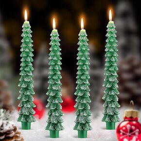 4 Pack Christmas Tree Candles, 10 Inch Unscented Tree Shaped Taper Candles Decorative Christmas Beeswax Candle for Xmas Holiday Decor, Party Banquet Centerpiece Decoration (Green with Silver Trim)