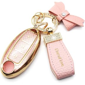 Key Fob Cover with Diamond Keychain for Nissan Car Key Shell Compatible with Altima Rogue Sentra Pathfinder Frontier Maxima Titan Murano Kicks Juke Versa (3 Buttons-Pink Bowknot)