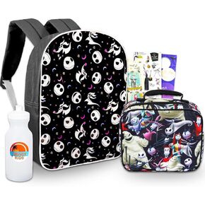 Nightmare Before Christmas Backpack with Lunch Box Set - Bundle with 16" Jack Skellington Backpack, Lunch Bag, Water Bottle, Stickers, More | Nightmare Before Christmas School Bag