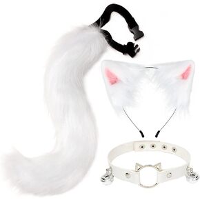 Cat Ears and Wolf Fox Animal Tail Cosplay Costume Faux Fur Hair Clip Headdress Halloween Leather Neck Chocker Set