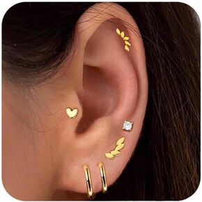 14k Gold Plated Stud Earrings Set for Women, 20g Cartilage Earrings, Minimalist Small Huggie Hoop Earrings Set for Multiple Piercing