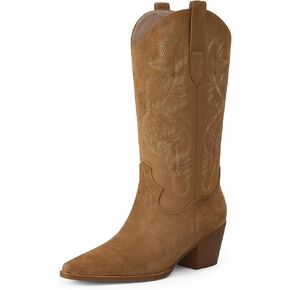 iiimmu Cowgirl Boots Women Knee High Boots Pointed Toe and Block Heel Cowboy Suede and Faux Leather Boots with Embroidered