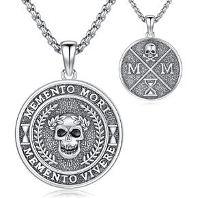 PELOVNY Memento Mori Skull Pendant Necklace 925 Sterling Silver Stoic Reminder Necklace Gothic Skull Jewelry Gifts for Men