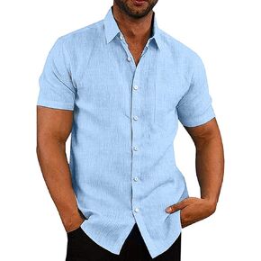 COOFANDY Men's Casual Button Down Shirts Short Sleeve Linen Shirts Summer Beach Dress Shirt