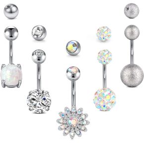 FECTAS 14g Belly Button Rings with Replacement Tops Balls Surgical Steel CZ Navel Ring Barbell for Women Body Piercing Jewelry Rose Gold Silver