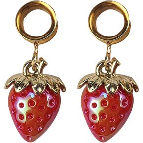 1 Pair Strawberry Ear Tunnels Dangle Ear Plugs Gauges for Ear Stainless Steel Earrings Expander Piercing For Women 0g-1"(8mm-25mm)