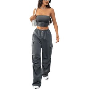 GORGLITTER Women's 2 Piece Outfits Ribbed Knit Strapless Crop Top High Waist Wide Leg Cargo Pants Matching Sets